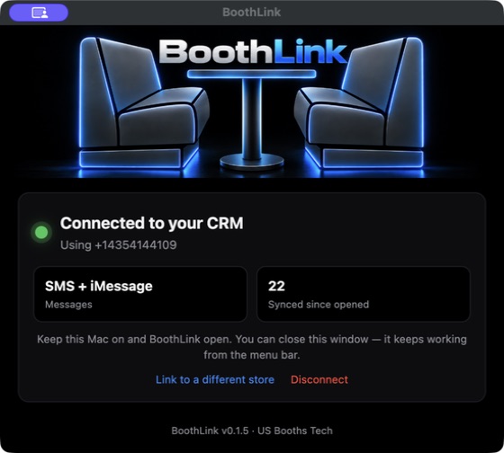 BoothLink connected with SMS and iMessage available