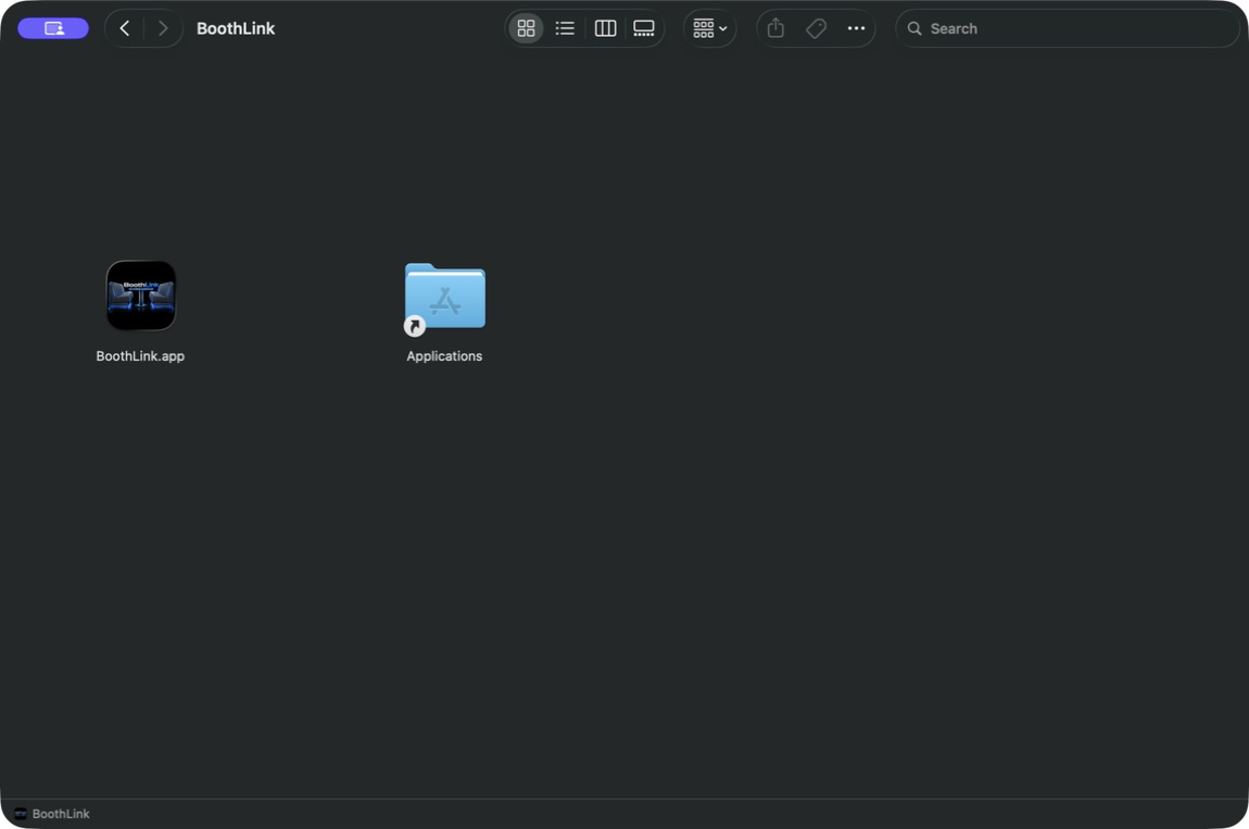 BoothLink installer showing the app and Applications folder