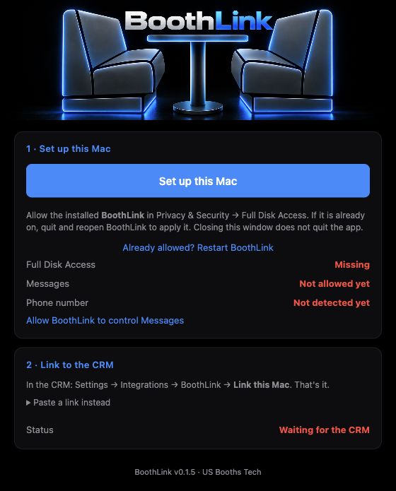 BoothLink first-run screen showing missing permissions