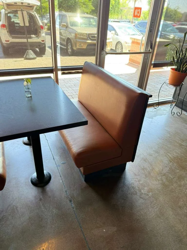 Booth seat reupholstery for Colados Coffee & Crepes