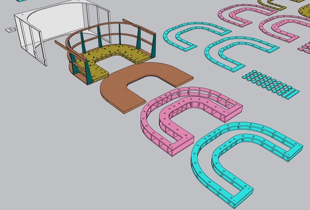 Exploded construction drawing of a curved booth