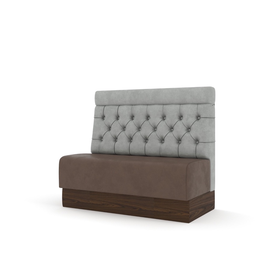 gray tufted brown seat wood base render — product design render; not installation photograph