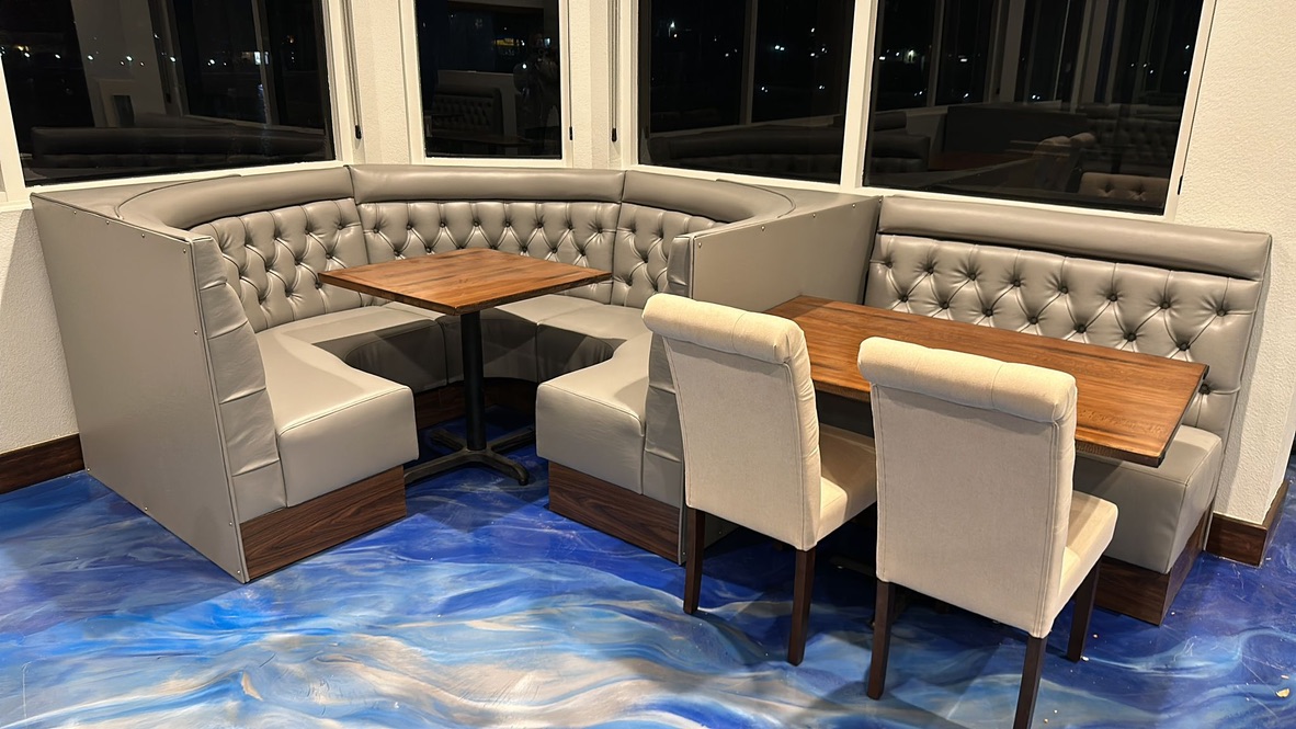 Gray Tufted Rounded Booths Blue Floor