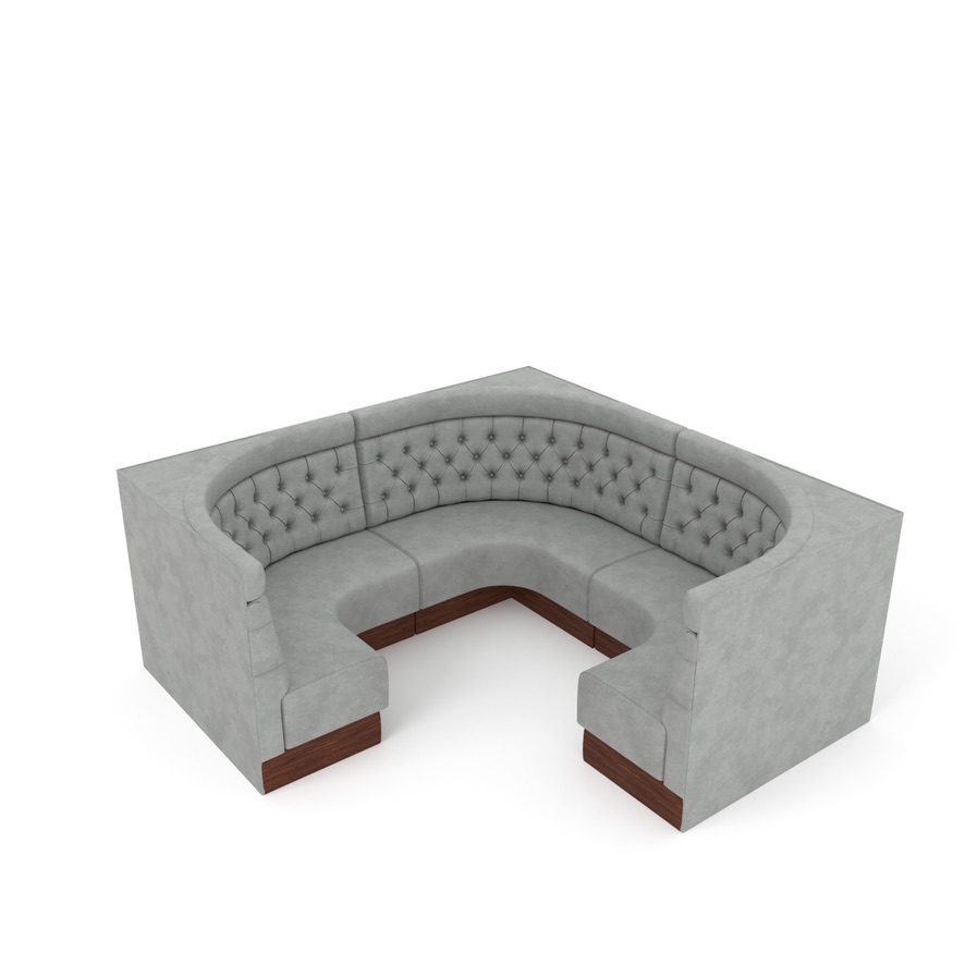 gray tufted three quarter circle render — product design render; not installation photograph