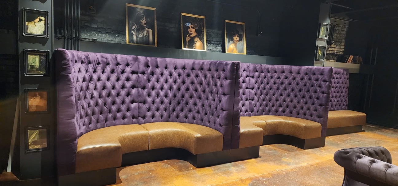 Mesa Basement Bar Purple Tufted Tan Seats