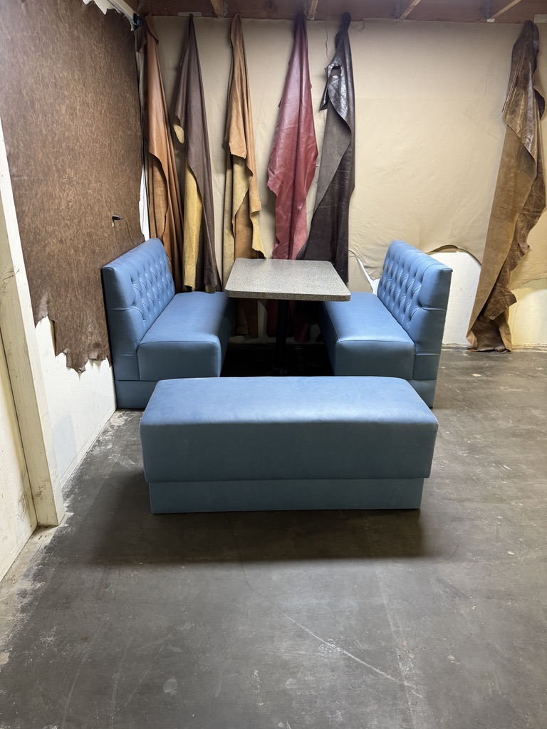 blue booths bench front — Workshop seating photograph