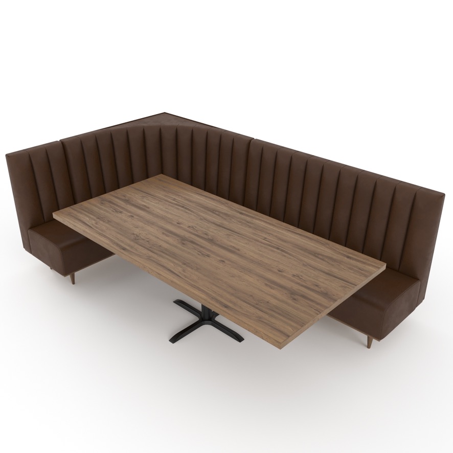 corner banquette table perspective render — 3D design render, not installation photograph