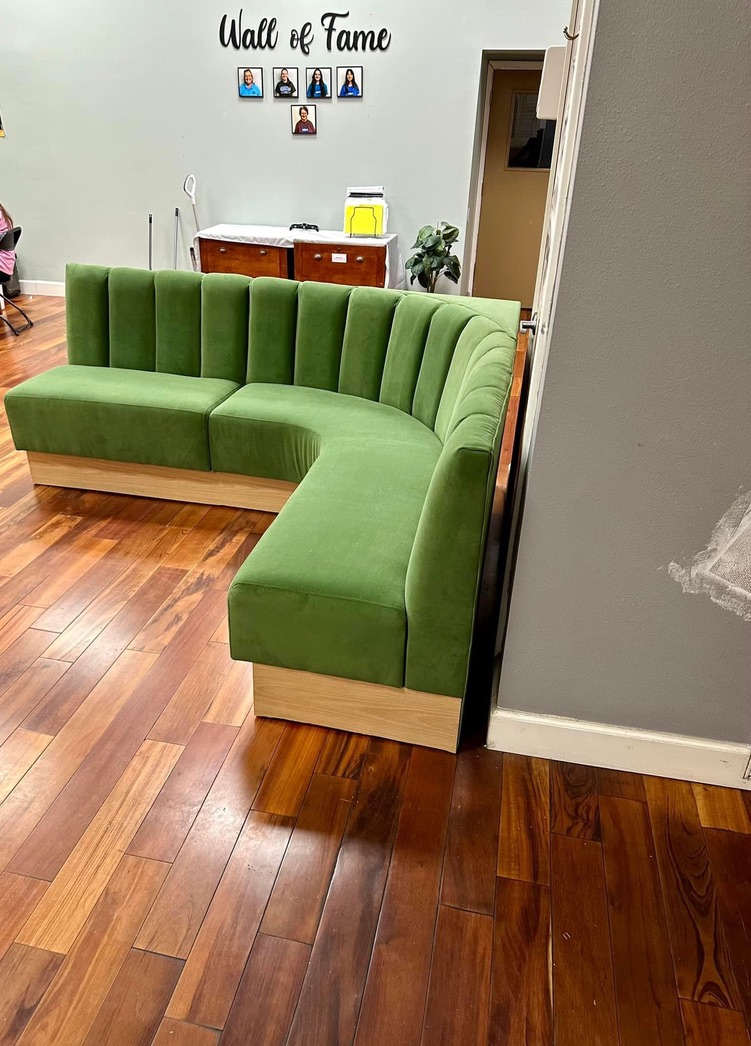 green corner banquette side — real furniture photograph
