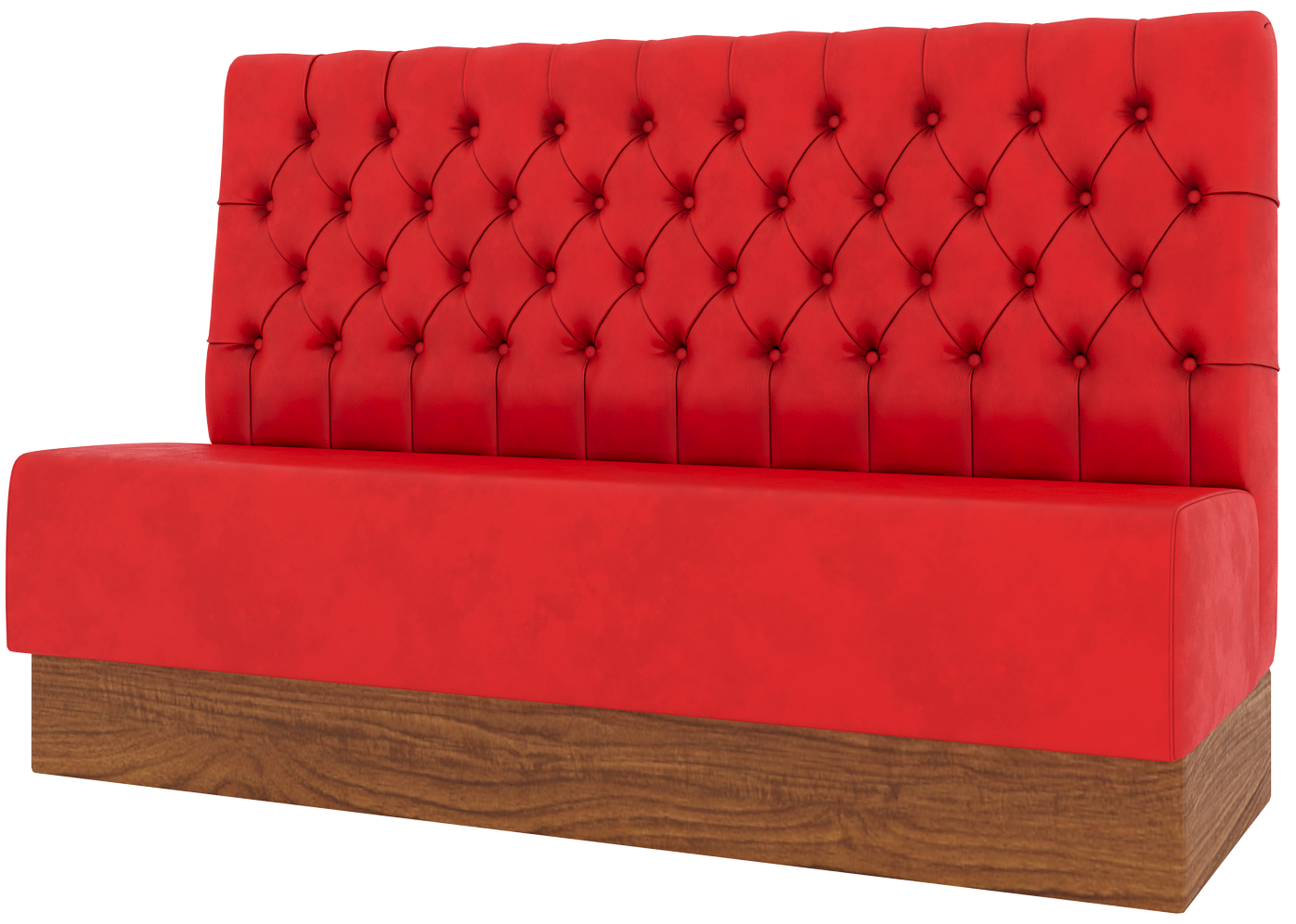 US Booths Signature diamond-tufted red booth with a wood-grain base