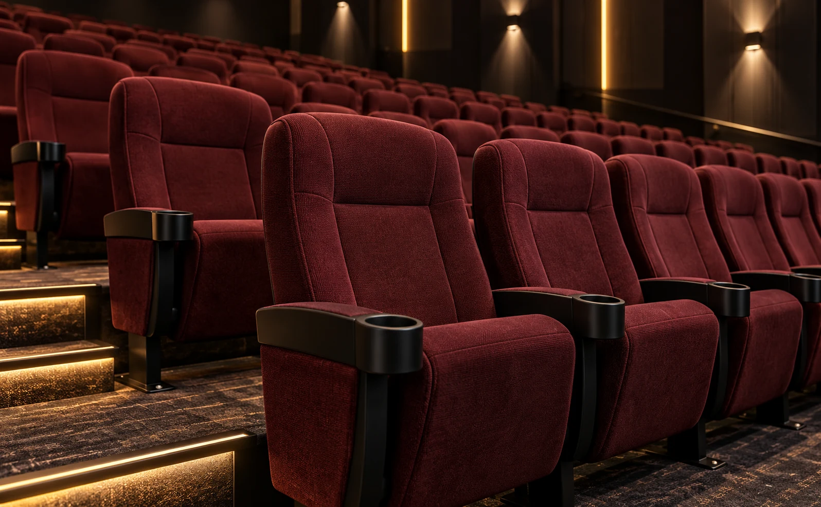 Concept illustration of red upholstered cinema seating in rows