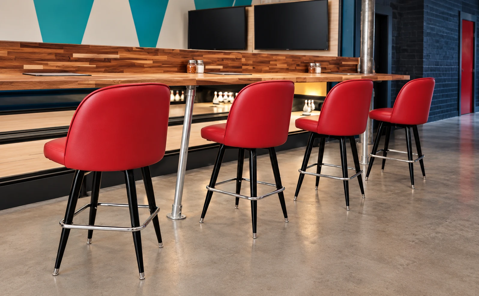Red upholstered commercial bar stools