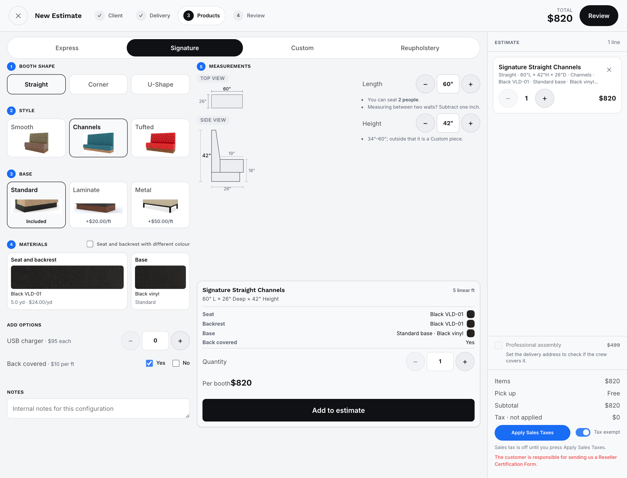 US Booths estimating and furniture configuration interface