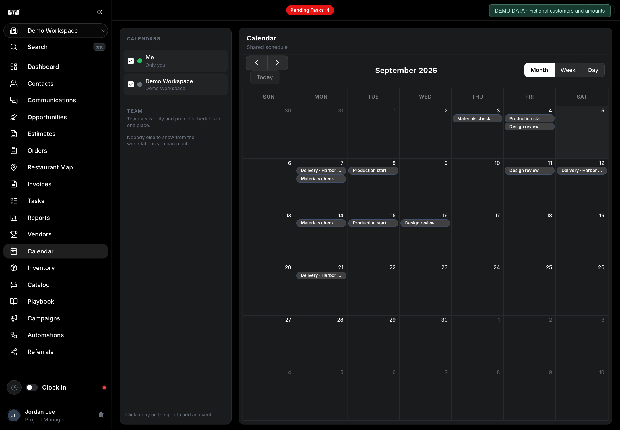 US Booths Ops: Calendario · programación. Datos de demostración ficticios.