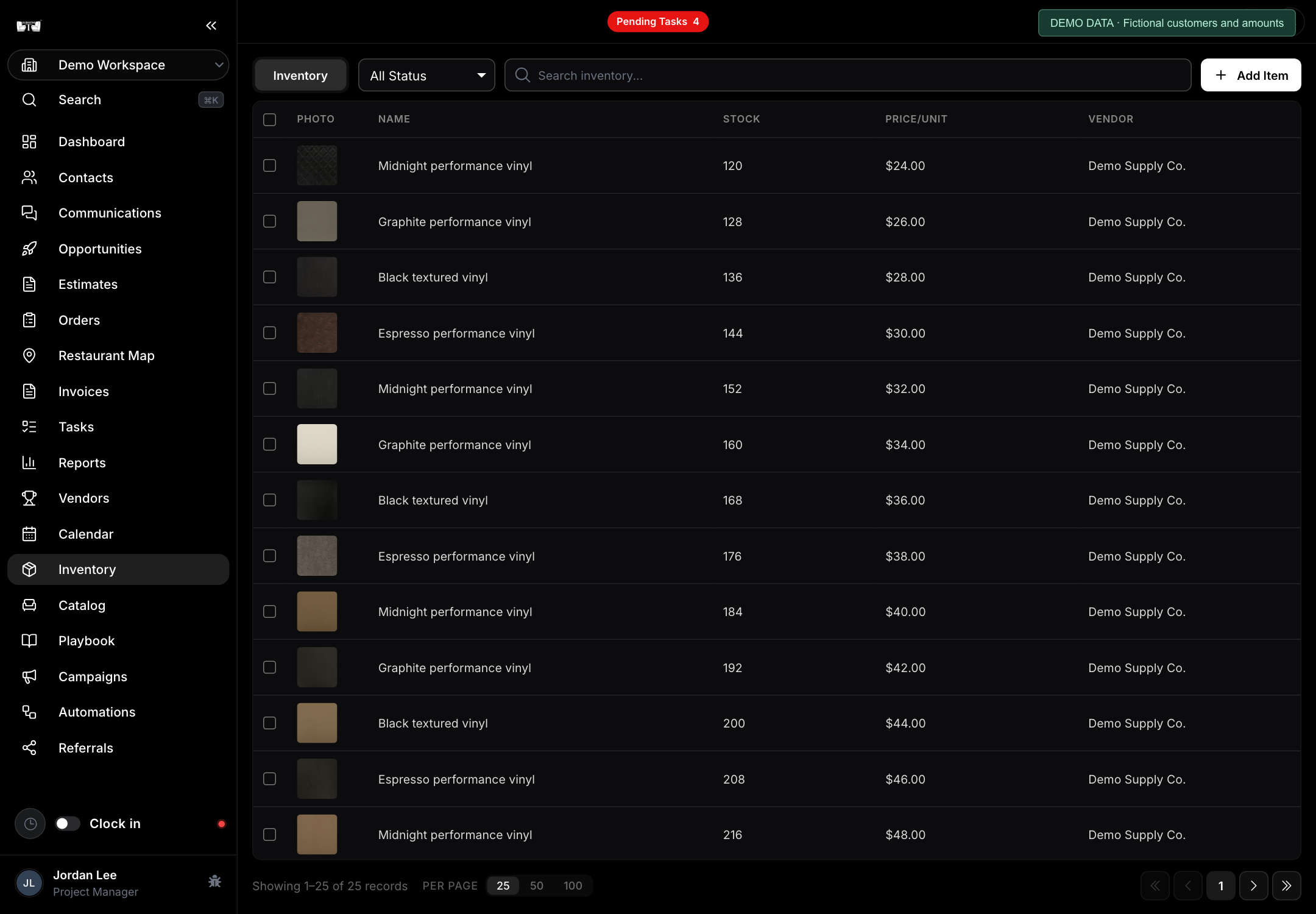 US Booths Ops: Materiales e inventario. Datos de demostración ficticios.