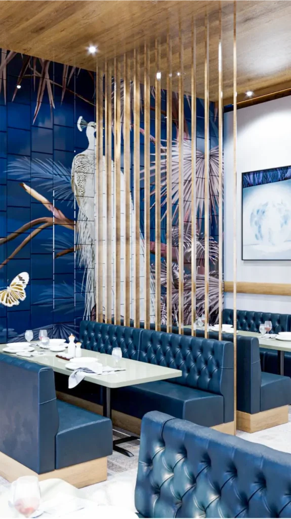 tufted navy blue booths for upscale restaurant