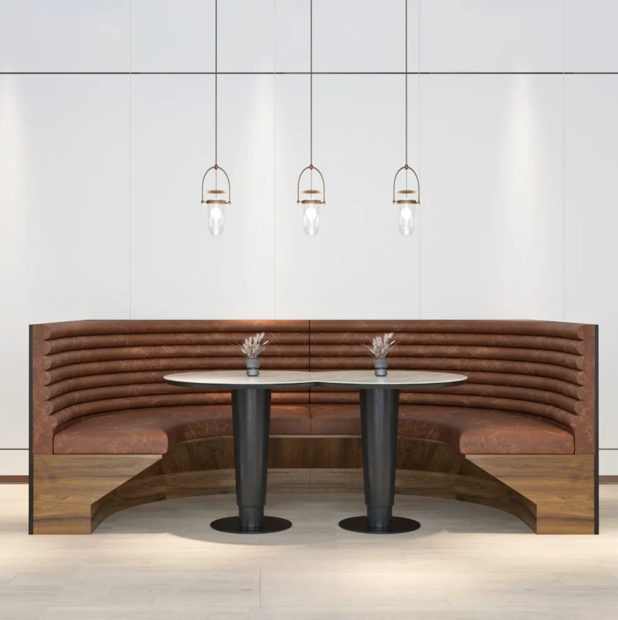 bespoke booths, design with horizontal channel tufting and curved base